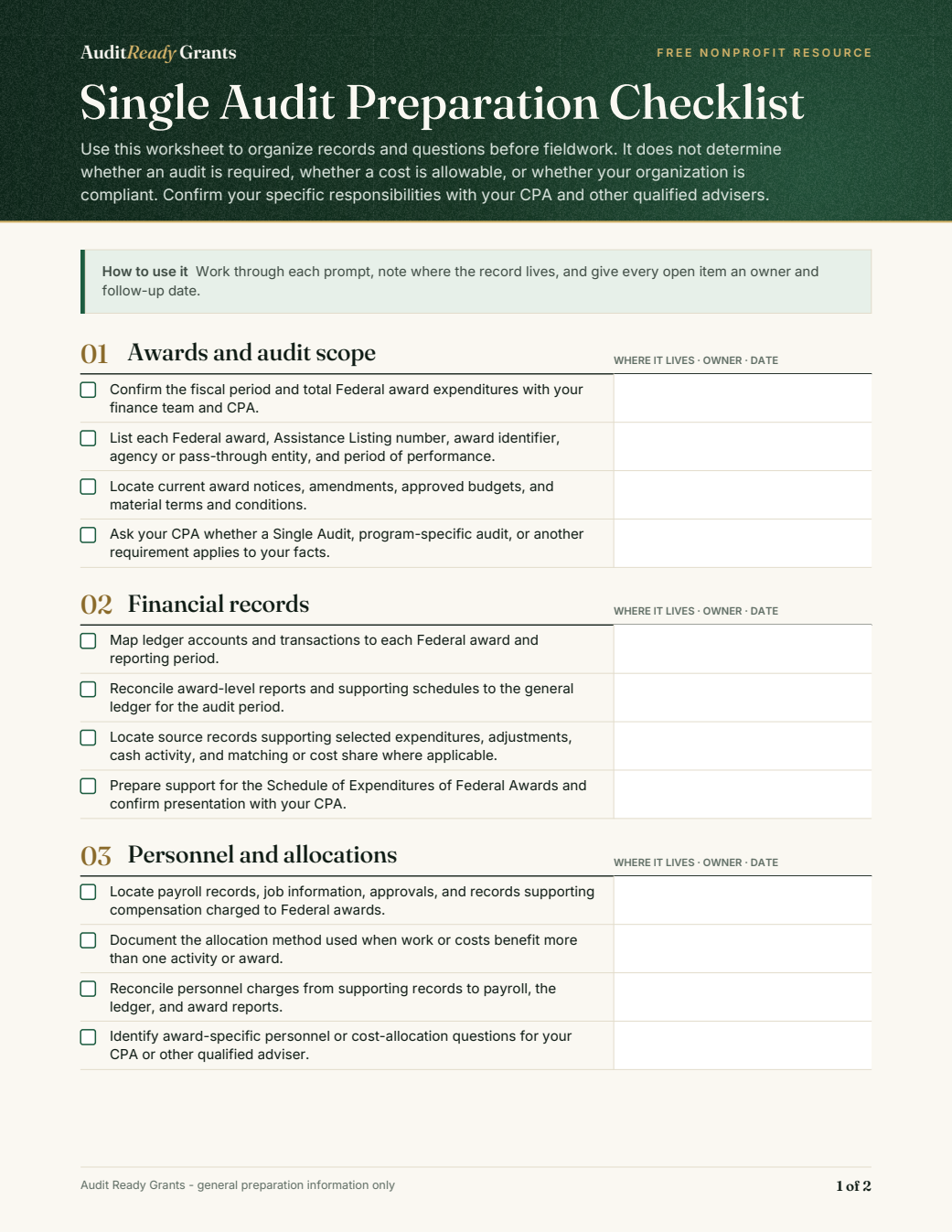 Checklist page one: prompts and space to record file locations and owners