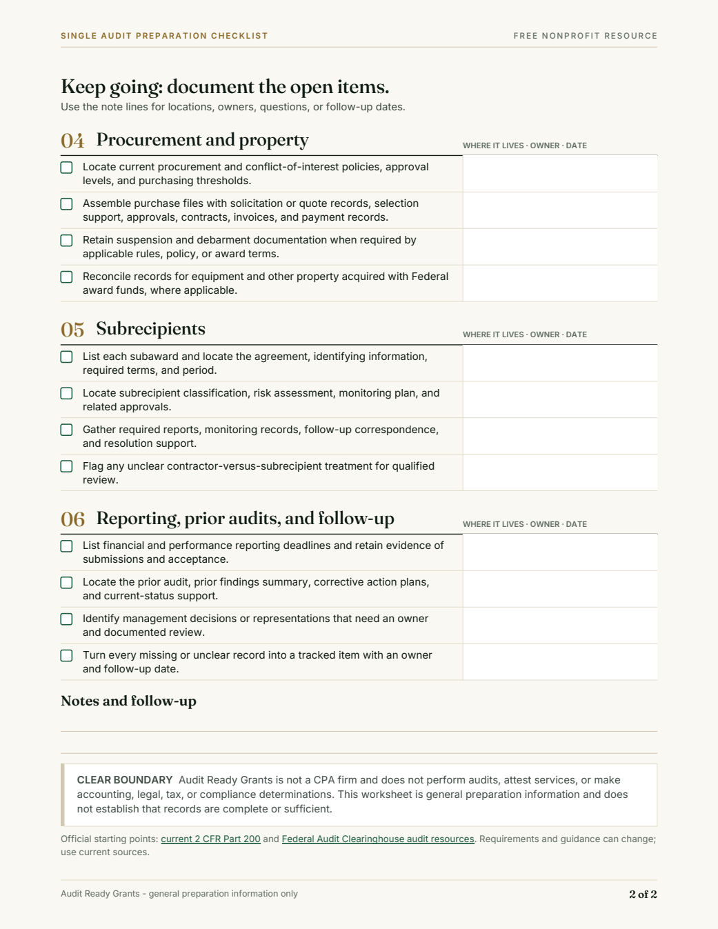 Checklist page two: remaining preparation areas and follow-up notes