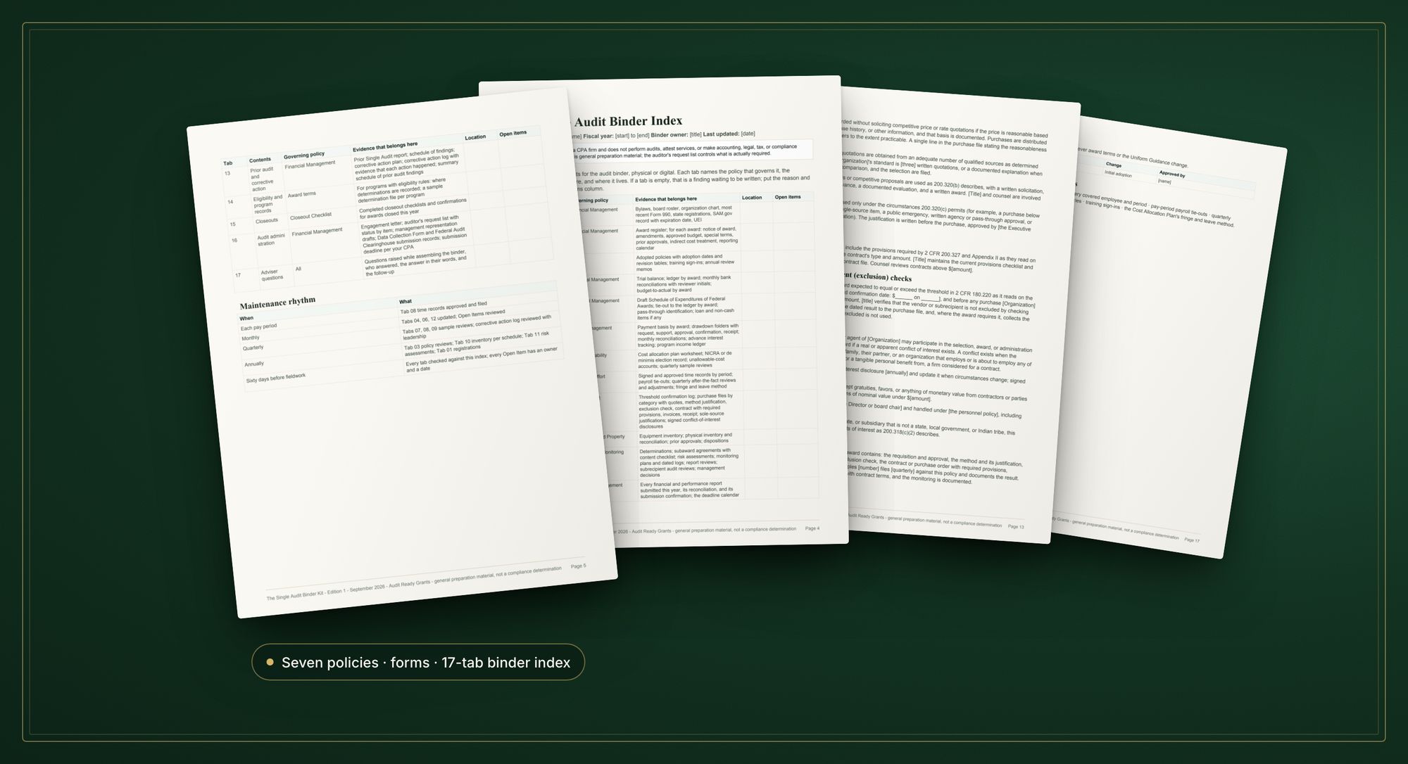 Pages from the Binder Kit: a financial management policy, the binder index, the time-and-effort policy and form.