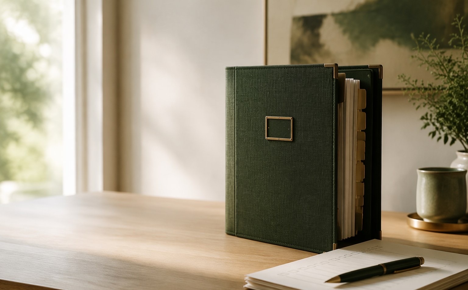 A deep green audit binder with tabbed dividers on a clean desk beside a checklist and pen