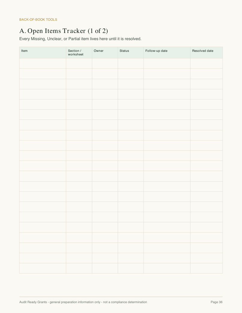 Workbook page 36: open items tracker with owner, status, follow-up date and resolved date columns