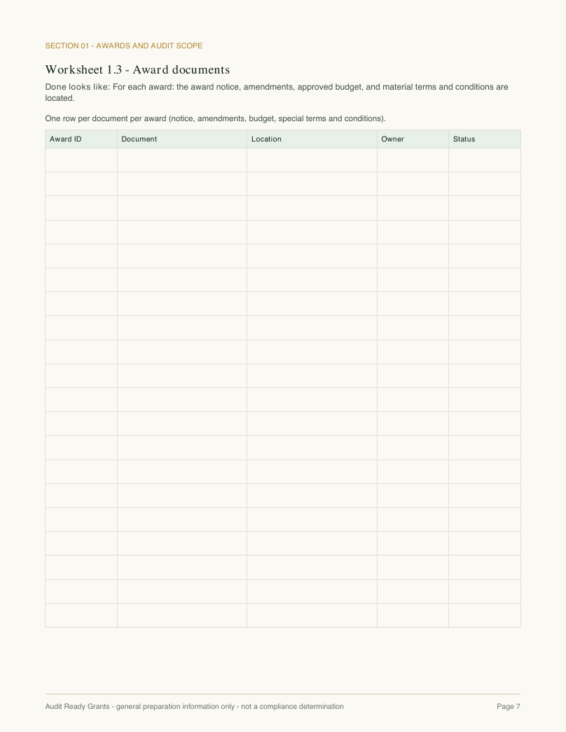 Workbook page 7: award documents worksheet with columns for award ID, document, location, owner and status